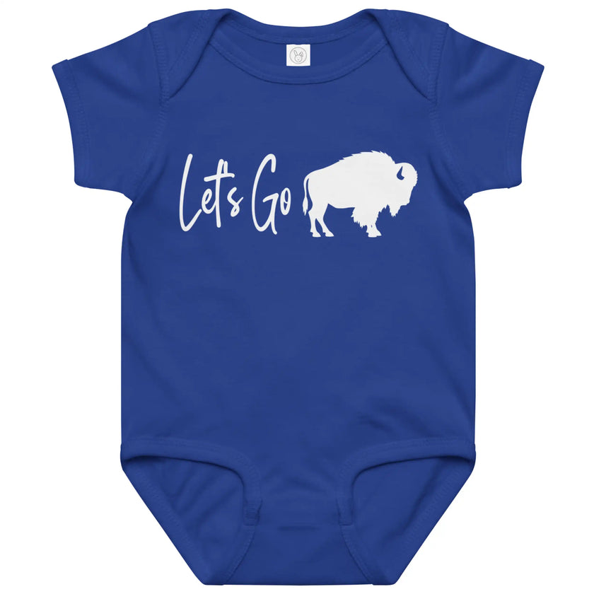 Blue Buffalo sports baby bodysuit with ‘Let’s Go’ script text and buffalo silhouette design, Buffalo football inspired baby cheer apparel.