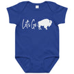 Blue Buffalo sports baby bodysuit with ‘Let’s Go’ script text and buffalo silhouette design, Buffalo football inspired baby cheer apparel.