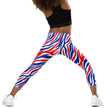 Back view of kids Buffalo football leggings in sizes 2T–7 featuring signature red white and blue striped Buffalo pattern and full coverage print.