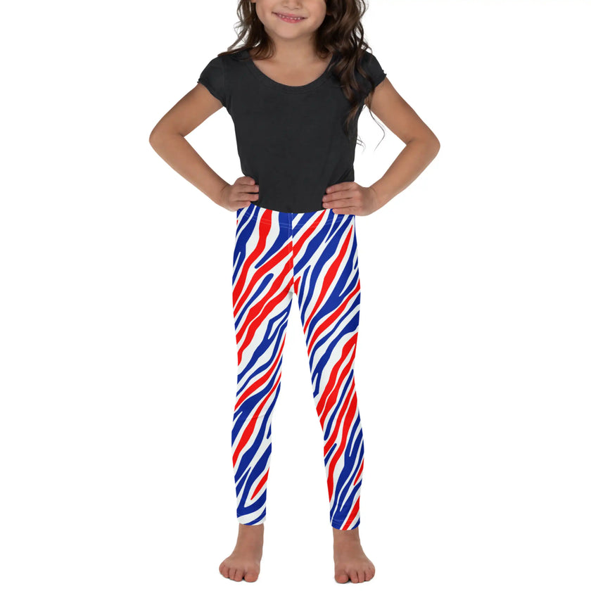 Little kid Buffalo football leggings featuring original red white and blue striped Buffalo pattern, comfortable active leggings for kids sizes 2T–7.