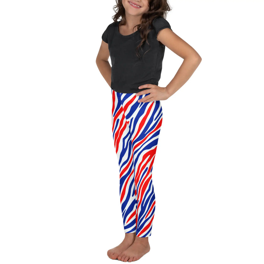 Left side view of little kid Buffalo football leggings featuring vibrant red white and blue striped signature pattern, sizes 2T–7.