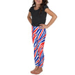 Left side view of little kid Buffalo football leggings featuring vibrant red white and blue striped signature pattern, sizes 2T–7.