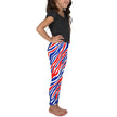 Right side view of little kid Buffalo stripes leggings showing original red white and blue Buffalo football inspired all-over print design.