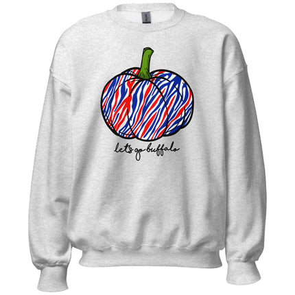 Light grey Buffalo football Halloween sweatshirt featuring a festive striped style pumpkin in Buffalo team colors and charming scroll lettering for game day.
