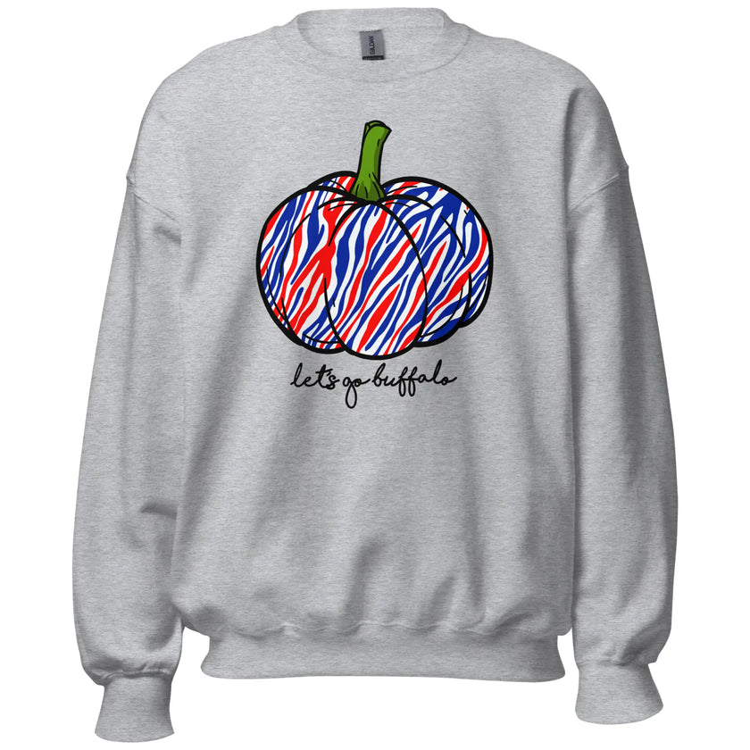 Grey Buffalo football fall sweatshirt showcasing a team-color striped pumpkin design in red white and blue with playful Let’s Go Buffalo script