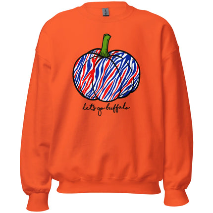 Orange Buffalo football Halloween sweatshirt featuring a striped-inspired red white and blue striped pumpkin graphic with cute scroll lettering that says Let’s Go Buffalo.