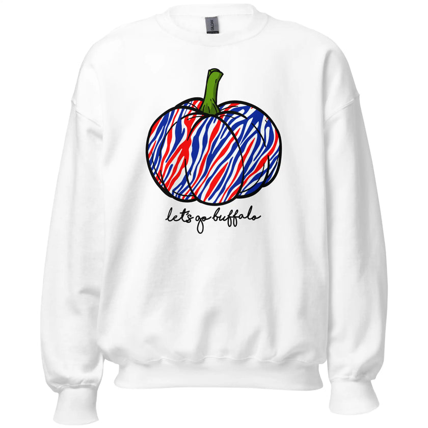 White Buffalo football sweatshirt with a colorful red white and blue striped pumpkin graphic and cute Let’s Go Buffalo lettering, perfect for fall football season.