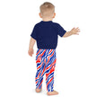 Back view of toddler Buffalo stripes leggings in sizes 2T–7 with signature red white and blue Buffalo football inspired all-over print.