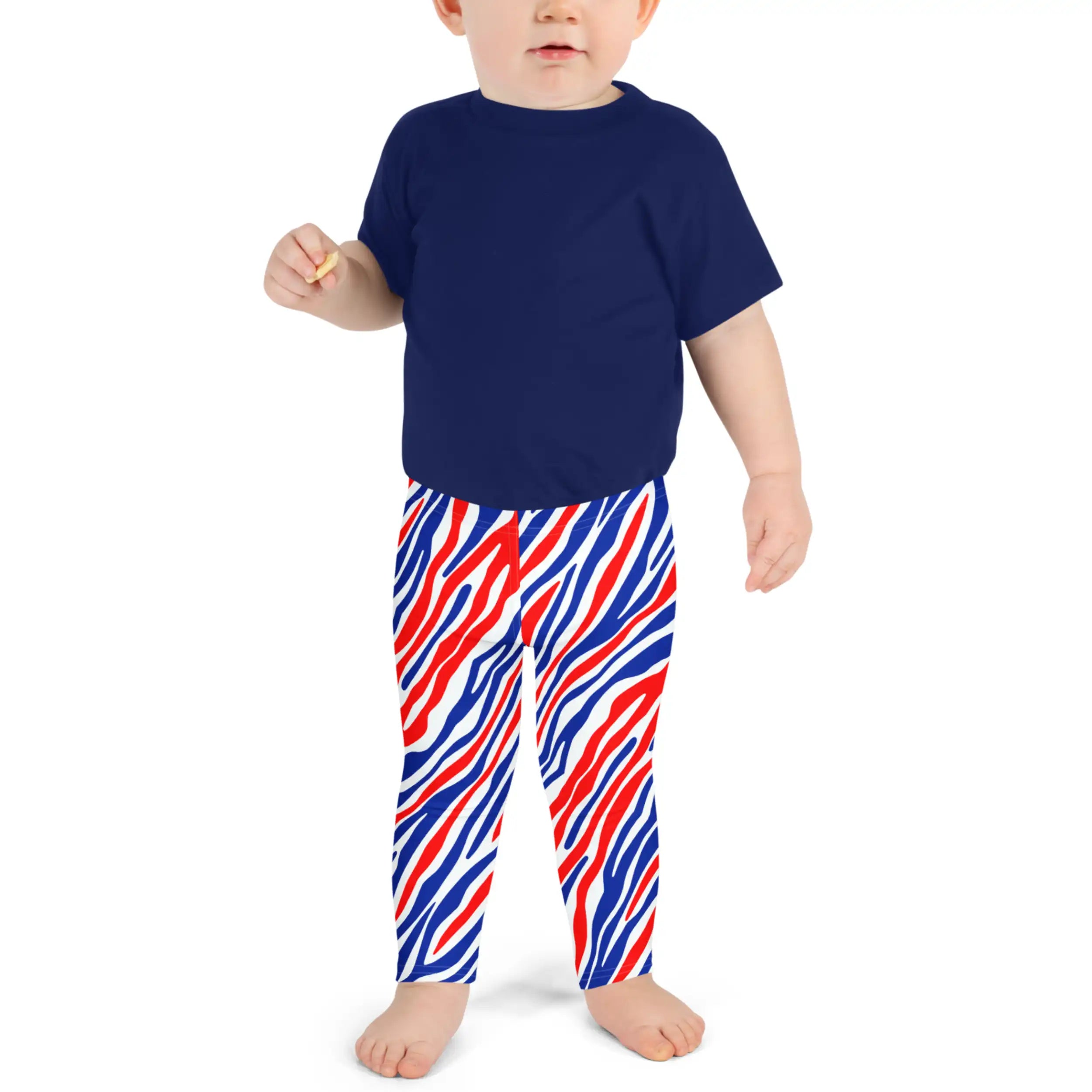 Toddler Buffalo football leggings in sizes 2T–7 featuring signature red white and blue Buffalo striped pattern, bold all-over print leggings for little fans.