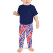 Toddler Buffalo football leggings in sizes 2T–7 featuring signature red white and blue Buffalo striped pattern, bold all-over print leggings for little fans.