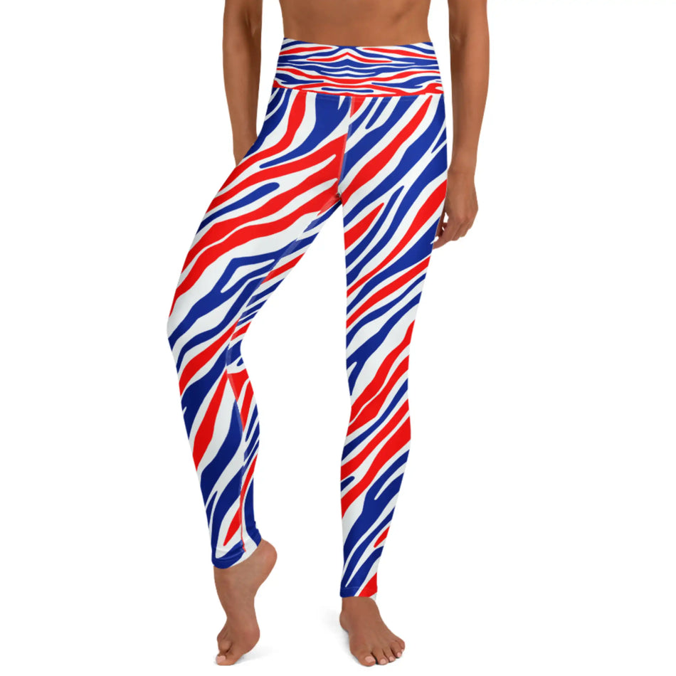 Front view of Buffalo stripes adult yoga leggings featuring original red white and blue Buffalo football team color striped pattern, bold statement athletic wear.