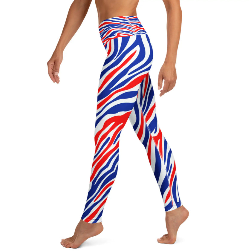 Left side view of Buffalo stripes yoga leggings with original red white and blue Buffalo football team color pattern, vibrant all-over athletic design.