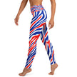 Left side view of Buffalo stripes yoga leggings with original red white and blue Buffalo football team color pattern, vibrant all-over athletic design.