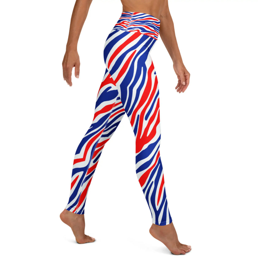 Right side view of adult Buffalo football leggings featuring signature red white and blue striped Buffalo-inspired pattern, bold athletic game day leggings with unique all-over print.