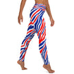 Right side view of adult Buffalo football leggings featuring signature red white and blue striped Buffalo-inspired pattern, bold athletic game day leggings with unique all-over print.
