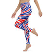 Woman skipping while wearing Buffalo stripes leggings featuring bold red white and blue Buffalo football stripe design, energetic all-over print activewear.