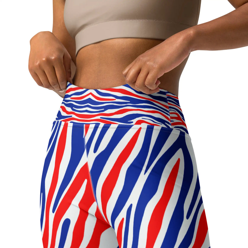 Close-up of waistband on Buffalo stripes adult leggings showing signature red white and blue Buffalo football striped pattern and supportive high-rise fit.