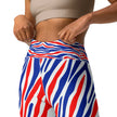 Close-up of waistband on Buffalo stripes adult leggings showing signature red white and blue Buffalo football striped pattern and supportive high-rise fit.