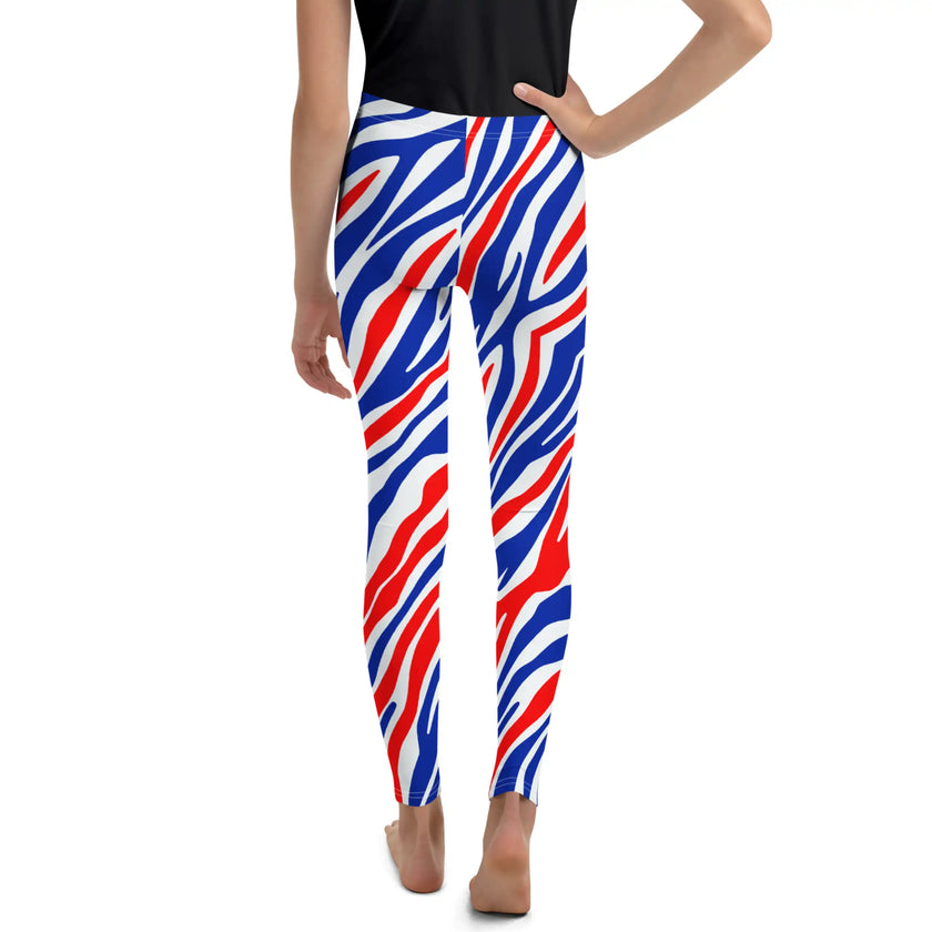 Youth Buffalo stripes leggings in sizes 8–20 showing back view of red white and blue Buffalo football inspired signature pattern all-over print activewear.