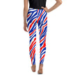 Youth Buffalo stripes leggings in sizes 8–20 showing back view of red white and blue Buffalo football inspired signature pattern all-over print activewear.