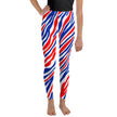 Youth Buffalo football leggings in sizes 8–20 featuring signature red white and blue Buffalo striped pattern, bold all-over print athletic leggings for kids and teens.