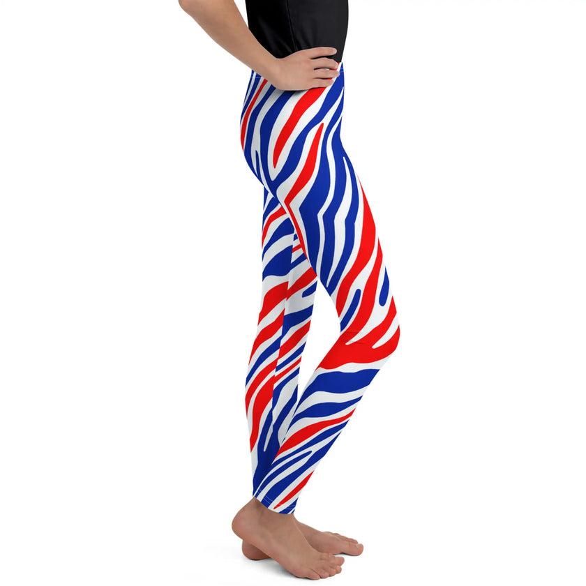 Right side view of youth Buffalo football leggings featuring red white and blue striped signature pattern designed for sizes 8–20 activewear.