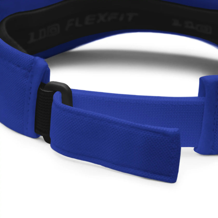 Close-up of blue Buffalo football golf visor adjustable closure showing the secure fit and quality details of this sporty headwear