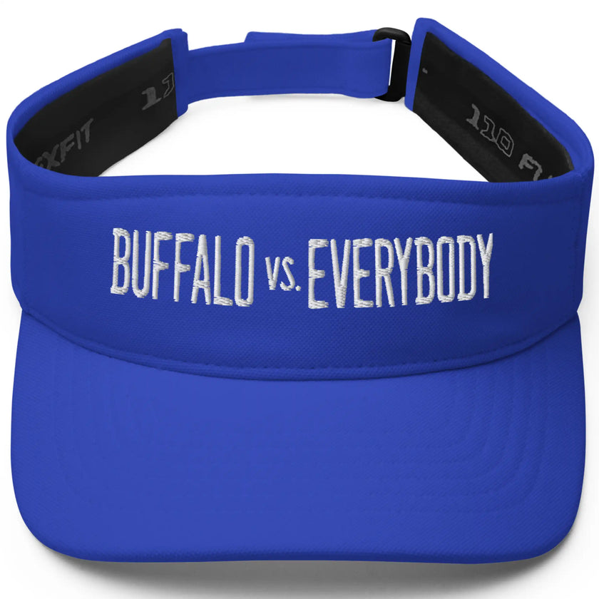 Blue Buffalo football golf visor with crisp white embroidery reading ‘Buffalo vs. Everybody,’ bold athletic style for golf outings and loyal Buffalo fans.
