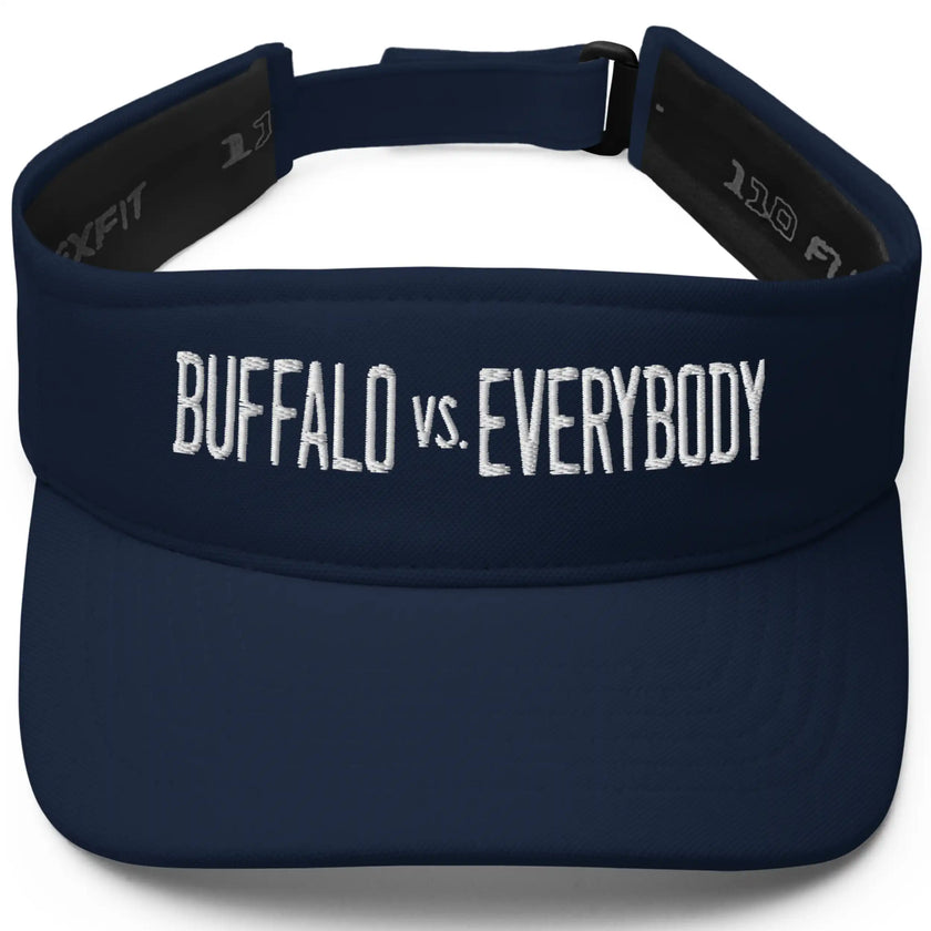Navy Buffalo football visor showcasing clean white ‘Buffalo vs. Everybody’ embroidery, classic golf headwear with bold Buffalo fan energy.