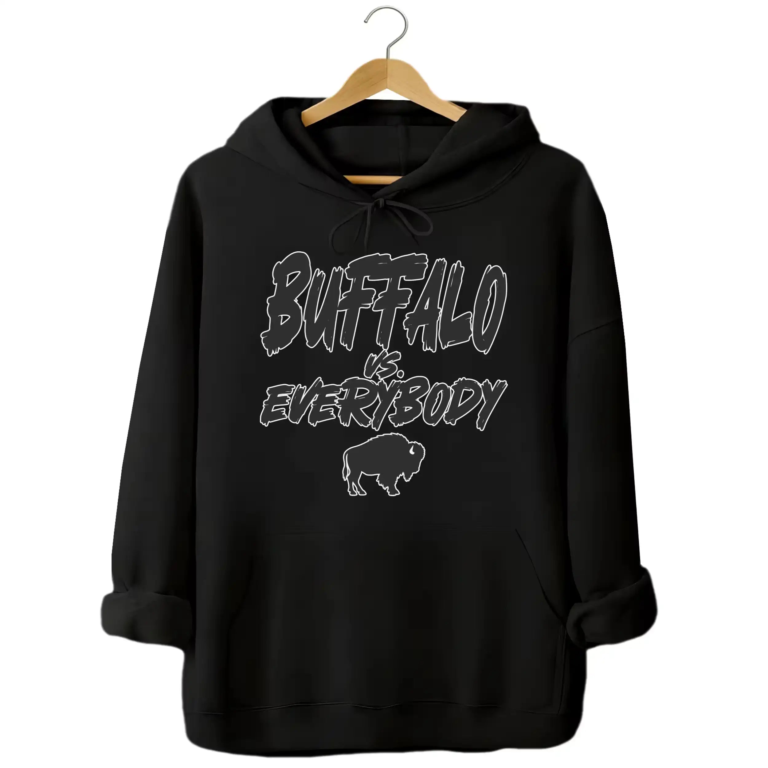 Black Buffalo football hoodie with ‘Buffalo vs. Everybody’ graphic in cool black font outlined in white and small buffalo silhouette, bold fan gear for Buffalo supporters.