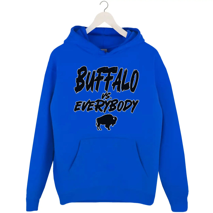 Blue Buffalo football hoodie featuring ‘Buffalo vs. Everybody’ statement design with black lettering, white outline, and buffalo silhouette for tailgates and game day.