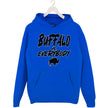 Blue Buffalo football hoodie featuring ‘Buffalo vs. Everybody’ statement design with black lettering, white outline, and buffalo silhouette for tailgates and game day.