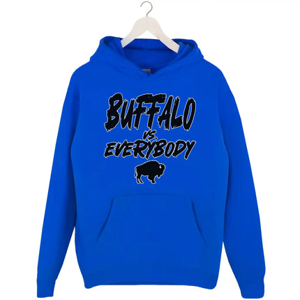 Blue Buffalo football hoodie featuring ‘Buffalo vs. Everybody’ statement design with black lettering, white outline, and buffalo silhouette for tailgates and game day.