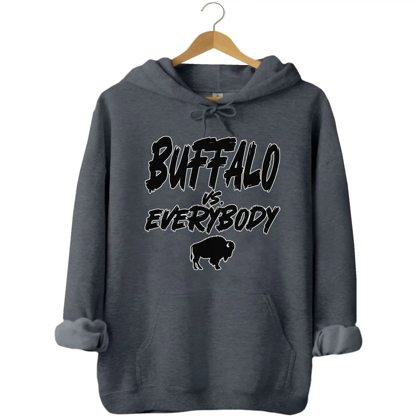 Grey Buffalo fan hoodie with ‘Buffalo vs. Everybody’ slogan in bold outlined lettering and buffalo silhouette graphic, cool football season apparel.
