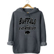 Grey Buffalo fan hoodie with ‘Buffalo vs. Everybody’ slogan in bold outlined lettering and buffalo silhouette graphic, cool football season apparel.