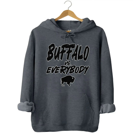 Grey Buffalo fan hoodie with ‘Buffalo vs. Everybody’ slogan in bold outlined lettering and buffalo silhouette graphic, cool football season apparel.
