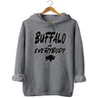 Light grey Buffalo football hoodie featuring ‘Buffalo vs. Everybody’ text in black outlined in white with small buffalo silhouette, stylish hometown pride apparel.