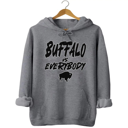 Light grey Buffalo football hoodie featuring ‘Buffalo vs. Everybody’ text in black outlined in white with small buffalo silhouette, stylish hometown pride apparel.
