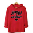 Red Buffalo football hoodie featuring ‘Buffalo vs. Everybody’ slogan in bold black lettering outlined in white with small buffalo silhouette graphic, game day fan apparel.