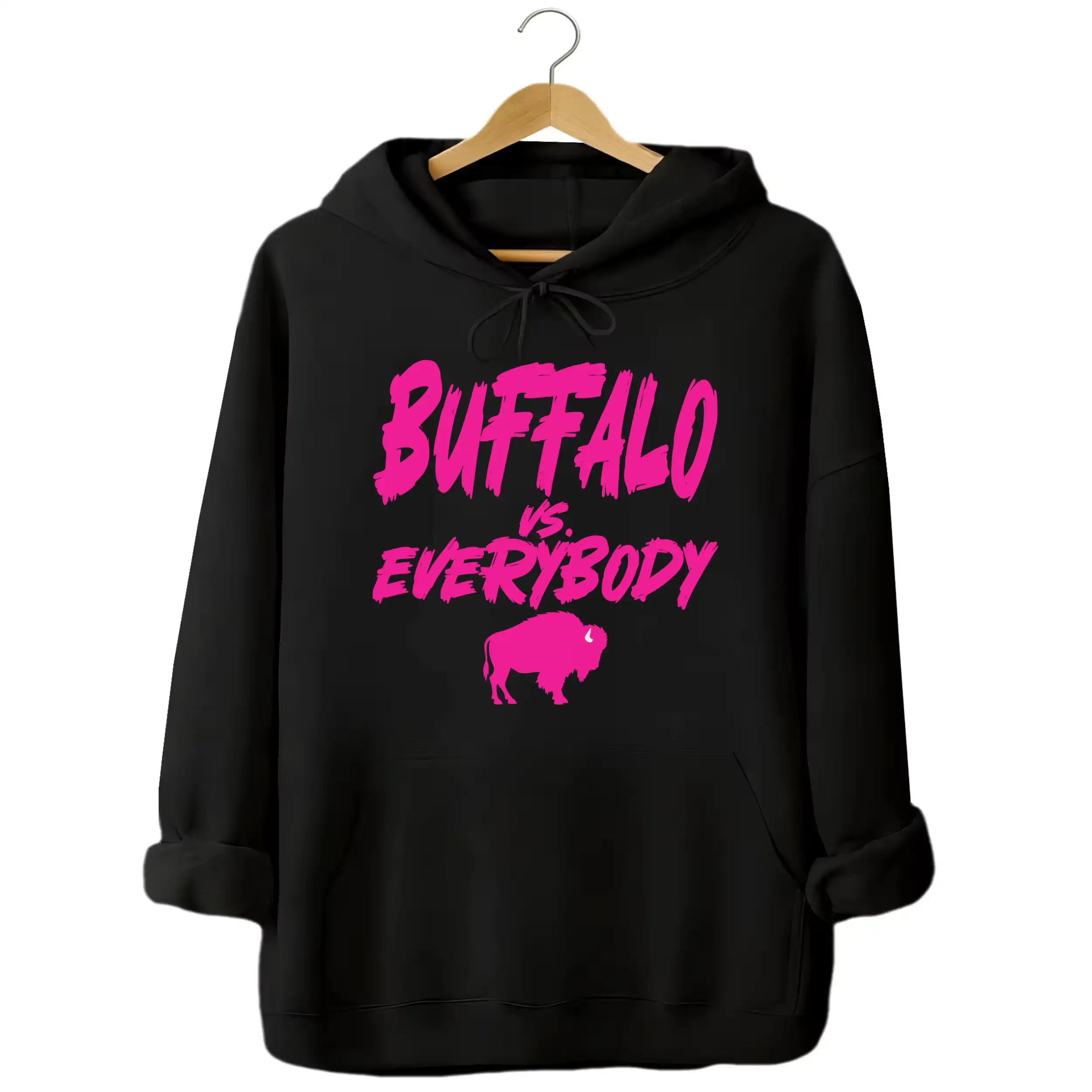 Black Buffalo football hoodie featuring ‘Buffalo vs. Everybody’ in bold hot pink lettering with matching hot pink buffalo silhouette underneath, stylish game day fan apparel.