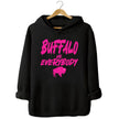 Black Buffalo football hoodie featuring ‘Buffalo vs. Everybody’ in bold hot pink lettering with matching hot pink buffalo silhouette underneath, stylish game day fan apparel.