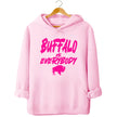 Light pink Buffalo football hoodie with ‘Buffalo vs. Everybody’ slogan in bright hot pink font and matching buffalo silhouette underneath, cute feminine football fan apparel.