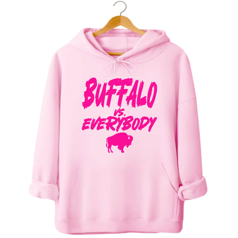 Light pink Buffalo football hoodie with ‘Buffalo vs. Everybody’ slogan in bright hot pink font and matching buffalo silhouette underneath, cute feminine football fan apparel.