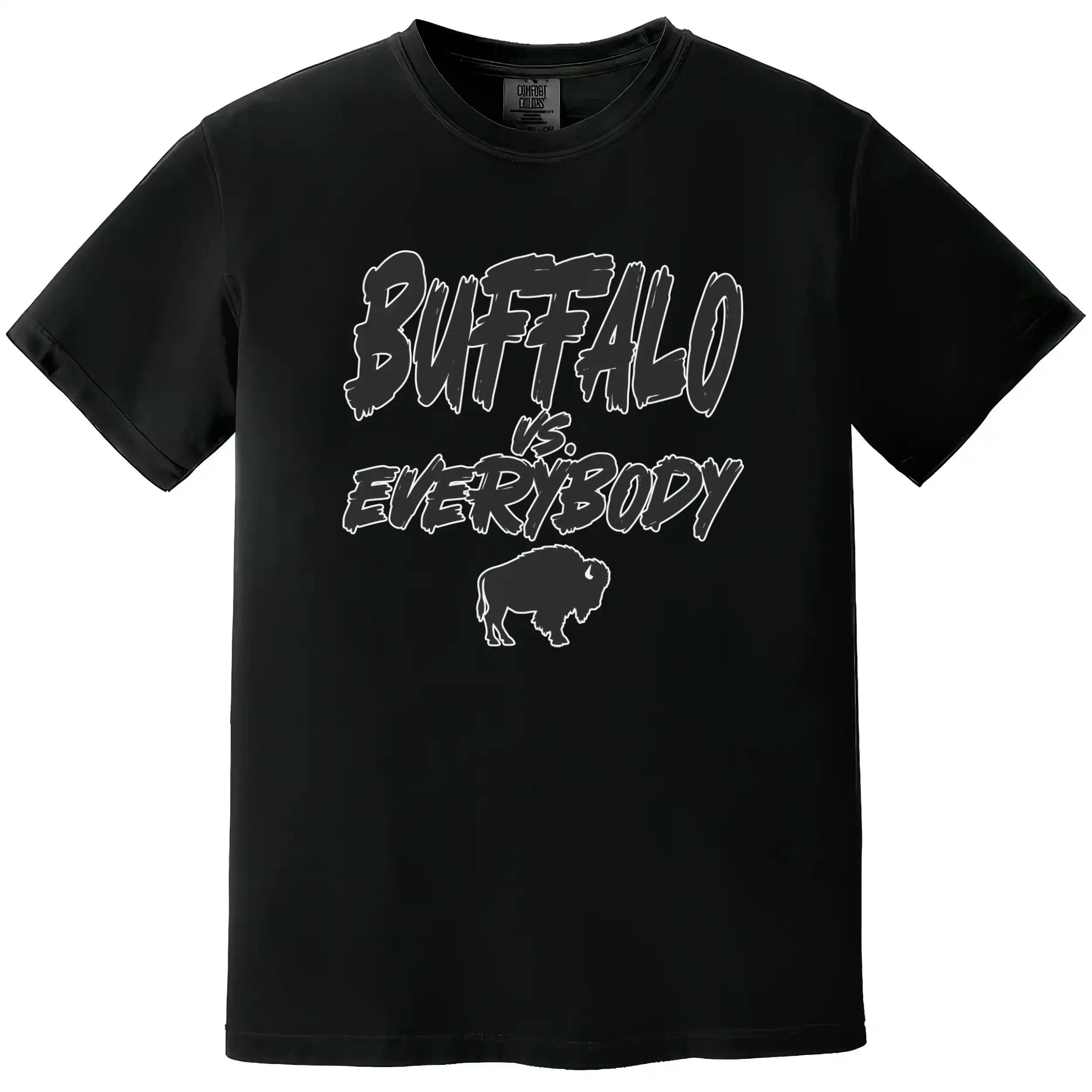 Black Buffalo football t-shirt featuring ‘Buffalo vs. Everybody’ in bold black lettering outlined in white with small buffalo silhouette underneath, game day fan apparel.