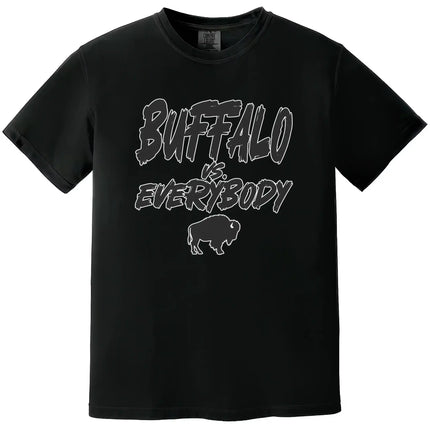 Black Buffalo football t-shirt featuring ‘Buffalo vs. Everybody’ in bold black lettering outlined in white with small buffalo silhouette underneath, game day fan apparel.