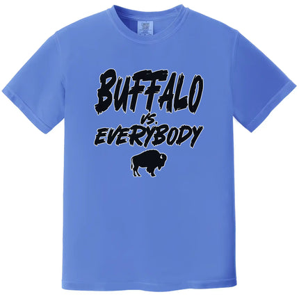 Blue Buffalo football t-shirt featuring ‘Buffalo vs. Everybody’ in bold black lettering outlined in white with small buffalo silhouette underneath, game day apparel for Buffalo fans.