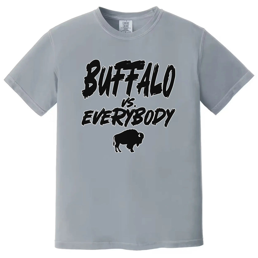 Grey Buffalo football t-shirt with ‘Buffalo vs. Everybody’ statement in bold black lettering outlined in white and small buffalo silhouette, everyday Buffalo pride shirt.