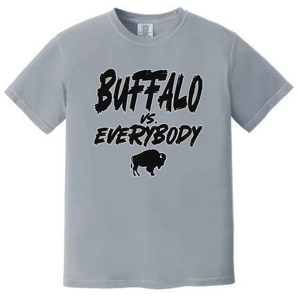Grey Buffalo football t-shirt with ‘Buffalo vs. Everybody’ statement in bold black lettering outlined in white and small buffalo silhouette, everyday Buffalo pride shirt.