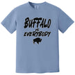 Light blue Buffalo football t-shirt featuring ‘Buffalo vs. Everybody’ graphic in bold outlined lettering with buffalo silhouette underneath, casual game day fan apparel.