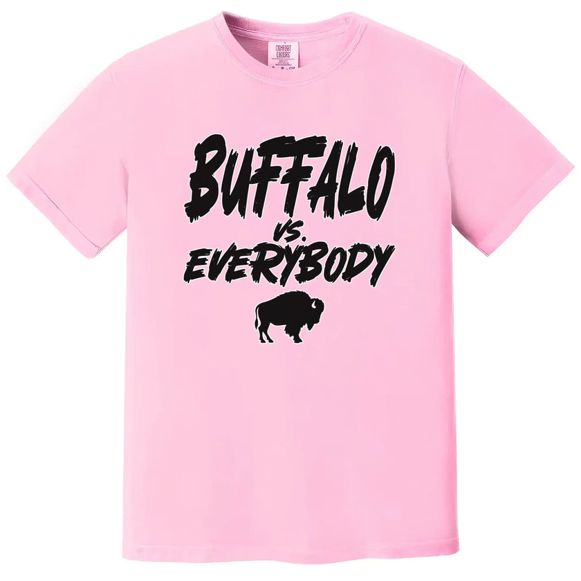 Pink Buffalo football t-shirt featuring ‘Buffalo vs. Everybody’ design in black outlined lettering with buffalo silhouette underneath, fun feminine Buffalo fan shirt.